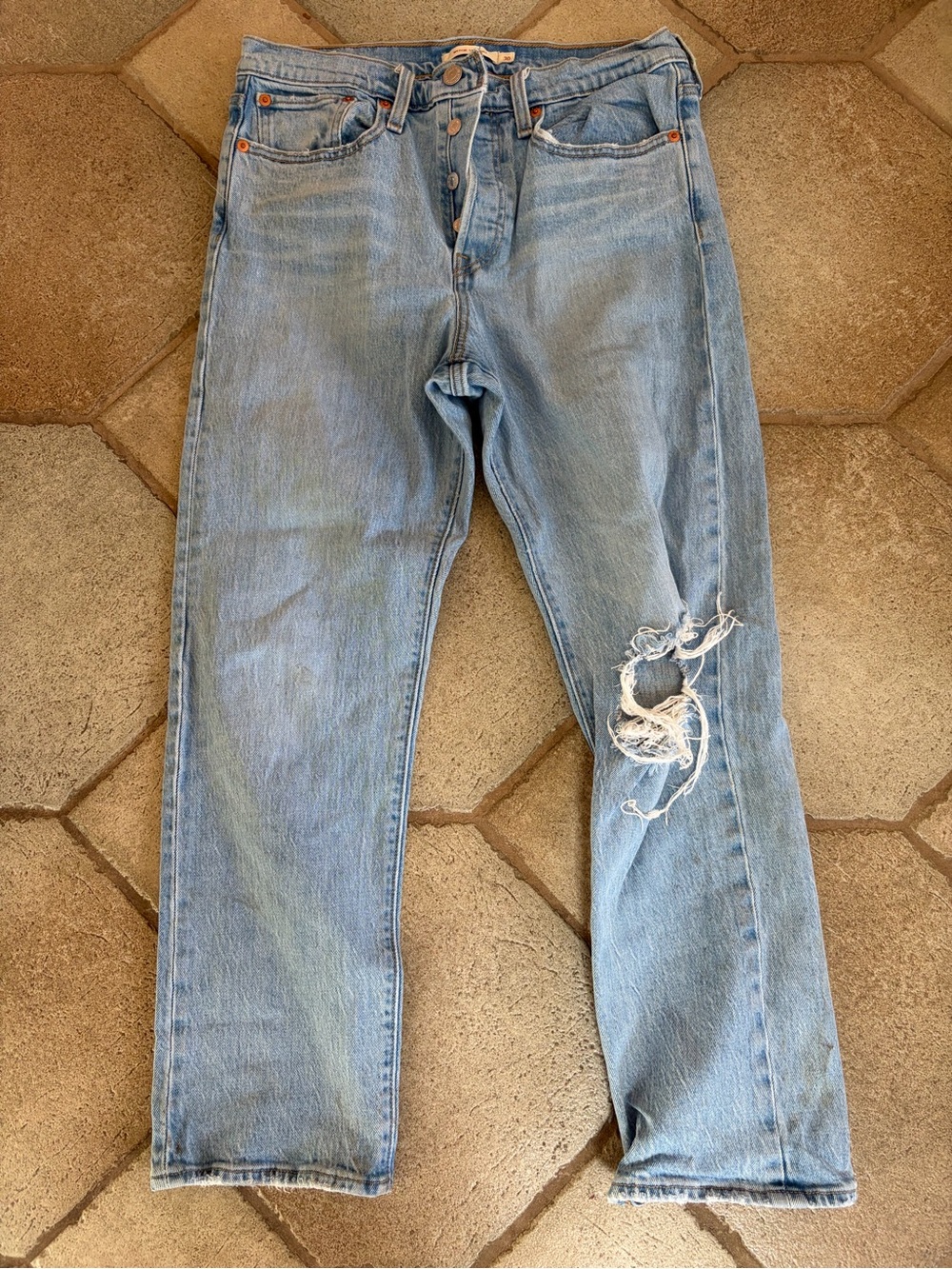 Levi's Light Blue Women's Straight-Leg Jeans with Distressed Knee